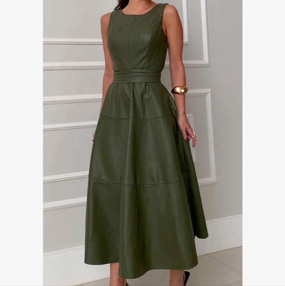 Elegant Olive Green Sleeveless Dress